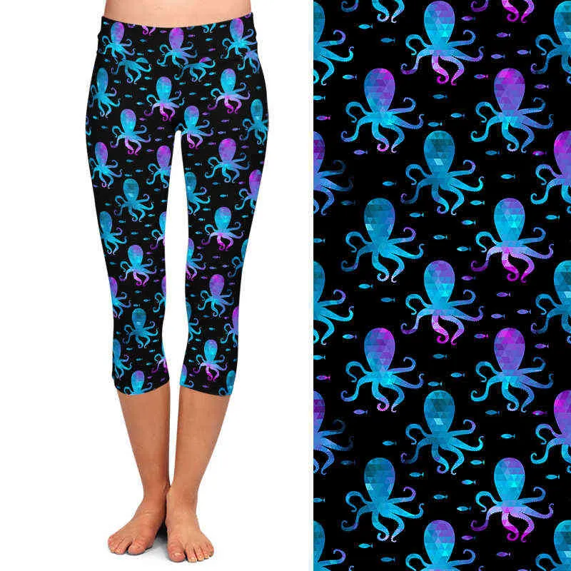 Letsfind sommar bläckfisk print leggings mode kvinnor hög midja plus storlek fitness svart mittkalv 210925