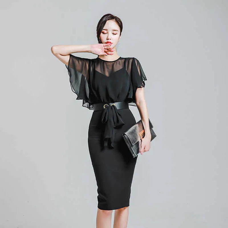 Femmes coréennes robe mode mousseline de soie es femme taille haute moulante plus taille fendue maxi es pour élégant 210531