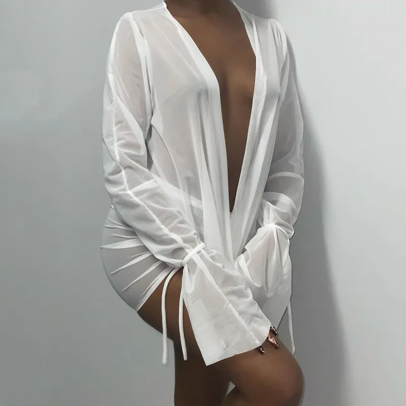 Sexy Deep V Neck Bandage Mini Robes Solide À Manches Longues À Lacets Dos Nu Mode Mesh Sheer Doux Casual Womens Club Vestidos 210517