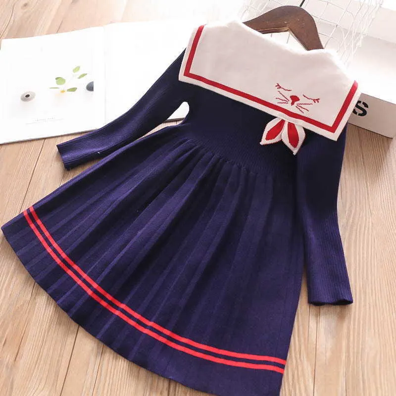 Cartoon Coelho Sailor Collar Meninas Vestido Inverno Malha Algodão Estilo Preppy Bebê Crianças Roupas 2-10Y E3232 210610