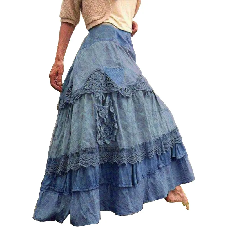Kvinnors plus -storlek kjolar sommar vintage ruffles överdimensionerade maxi kjolar nya spets långa kjolar låg midja prärie chic tappade kjol 210331