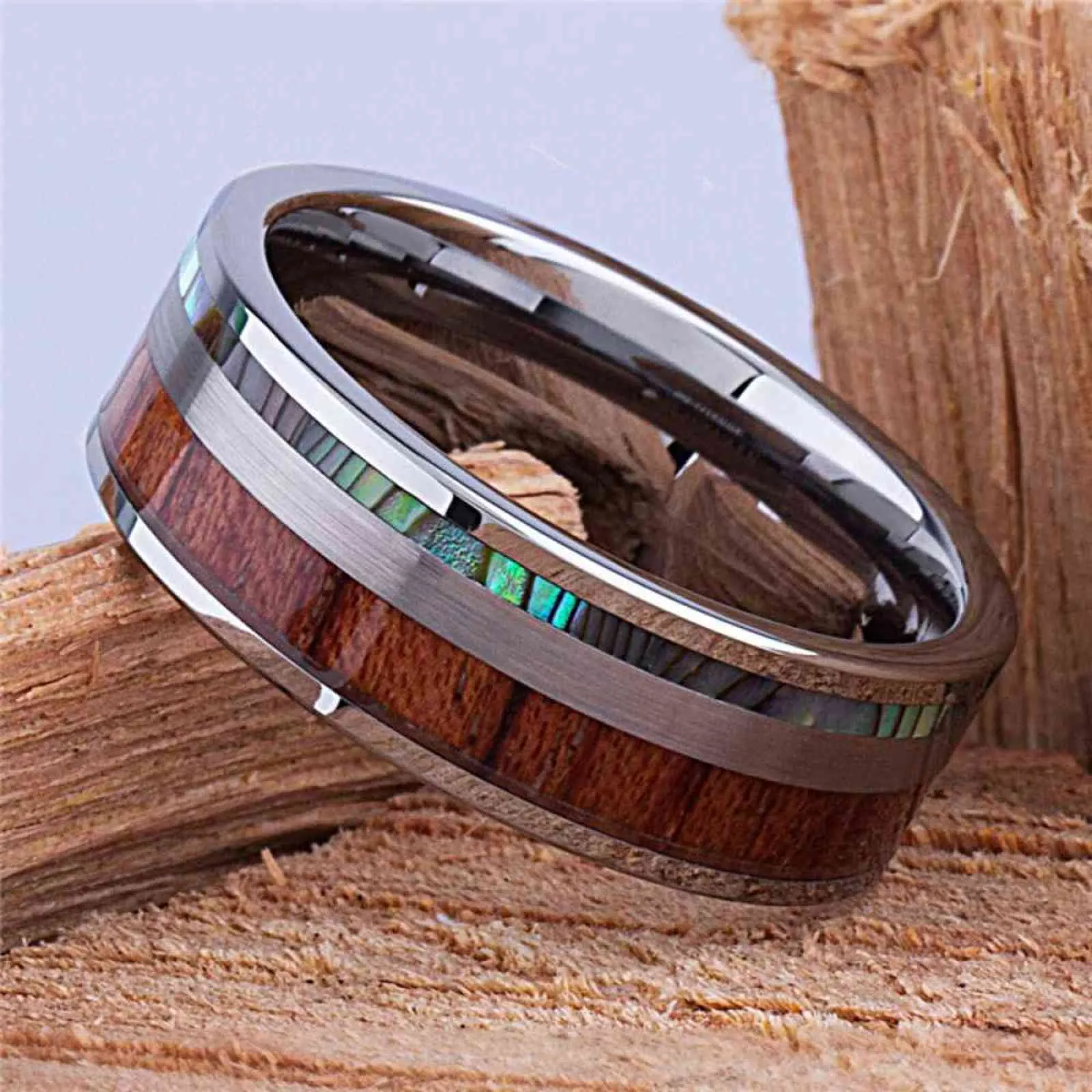 Fashion Jewelry 8mm Men Titanium Steel Ring Inlay Wood and Abalone Shell Stainless Steel Rings for Mens Vintage Wedding Band G1125