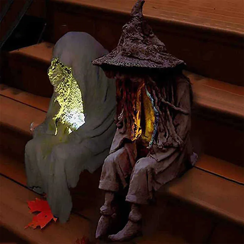 Witch Ghoul sittande staty Solar Light Crafts Harts Ornament för hemträdgårdsgård dekoration 2021 Q081164758223287490