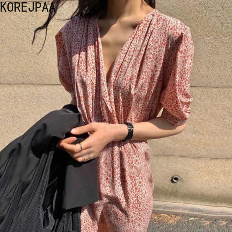 Korjpaa Kvinnor Klänning Koreansk Mode Chic Sommar V-Neck Drawstring Strap Design Lös Casual Long Floral Dresses Kvinna 210526