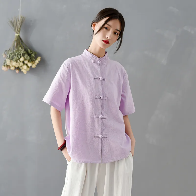 Johnature Femmes Chemises de style chinois Blouses en lin de coton Couleur unie Stand d'été Bouton à manches courtes Chemises vintage 210521