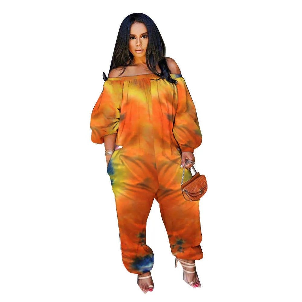 Venda Tie Tintura Solta Mulheres Jumpsuits Trendy Slash Collar Manga Longa Macacões Cool Girl Street Macacões Casuais 210525