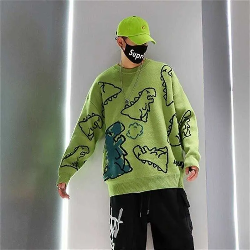 Magliette casual primaverili maglione lavorato a maglia Harajuku verde pullover da uomo streetwear maglione grafico dinosauro cartone animato abbigliamento maschile 211006
