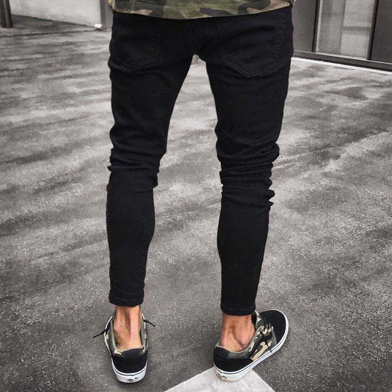 2021 NEUE Marke Männer Jeans Dünne Zerrissene Zerstört Stretch Slim Fit Bleistift Hosen Mit Löchern Für Männer Casual Schwarz Straße hosen X0621