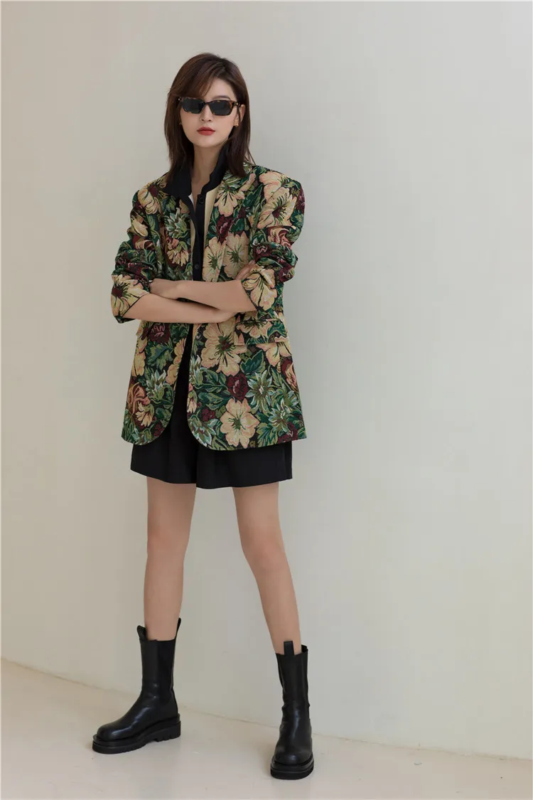 ビンテージ花柄プリントブレザー女性デザイナージャケットスーツカラフルな緑のジャケットコートアウターウェアフォールファッション210427