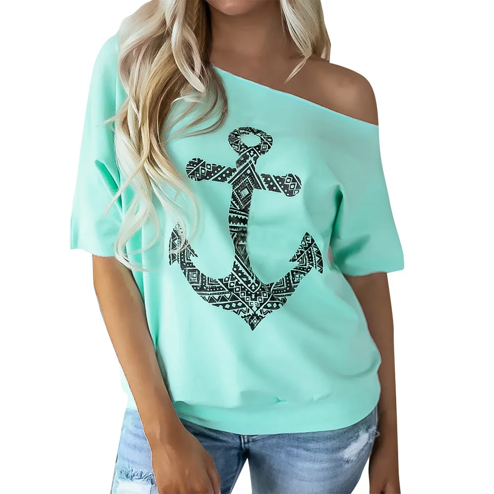 Casual Lose T-Shirts Frauen Mode Sommer Oansatz Kurzarm Boot Anker Druck Pullover Tops Sexy Off Schulter T-shirt Femme 210507