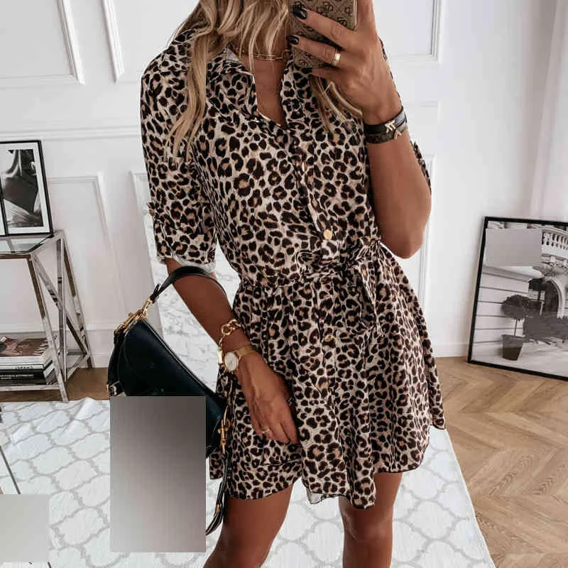 Mulheres vestido verão camisa de leopardo de manga longa giro colarinho faixas mini botão para cima escritório senhora sexy streetwear 210522