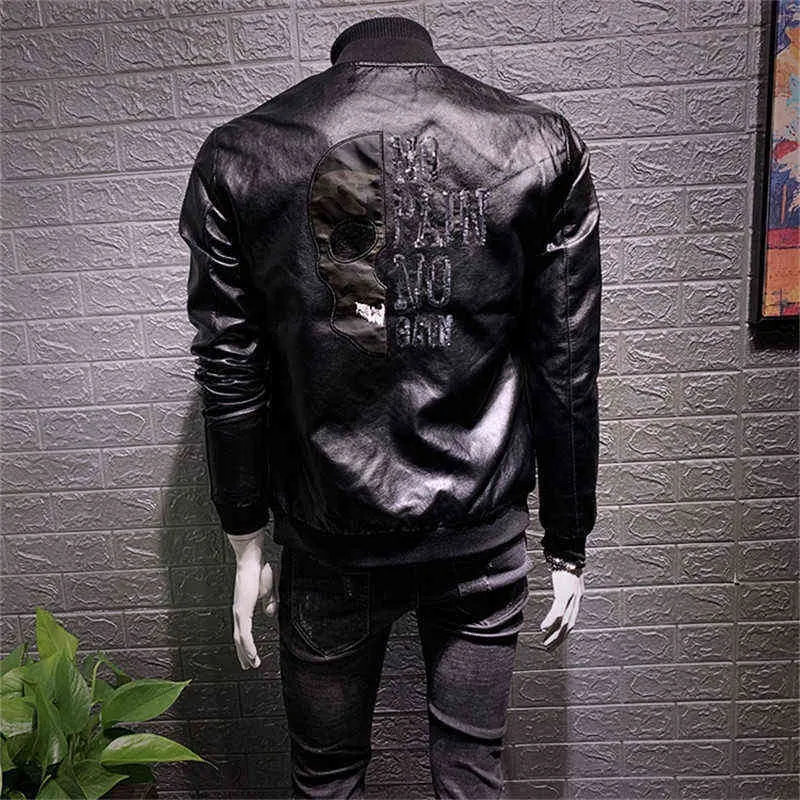 Autumn Leather Jacket Man Plein Skull Korean Style Slim Leather Clothes Trend Cool Street Clothes Hip Hop Thin Jacket Pu Coat 211111