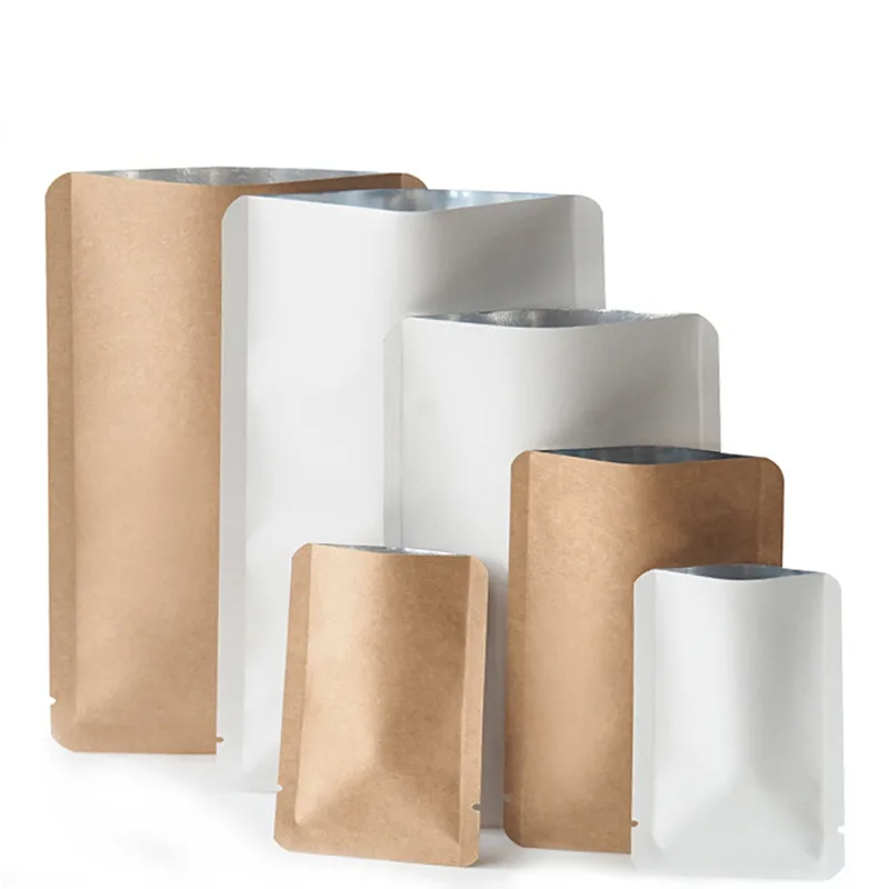 2000 sztuk / partia Papier Kraft Małe Przechowywanie Żywności Opakowania Wouches Czysta folia aluminiowa Open Top Torby próżniowe Pieczęć do kawy