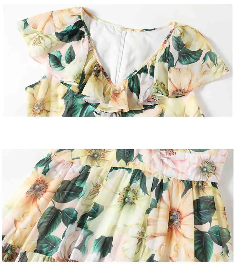 Designer d'été robe de vacances femmes col en V volants mode jaune camélia imprimer A-ligne Maxi robes fiesta 210421