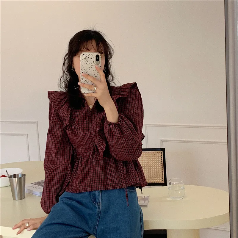 Koreaanse chique vintage meisjes plaid ruches v-hals hoge taille shirts femme party casual zachte geometrische blouses 210525