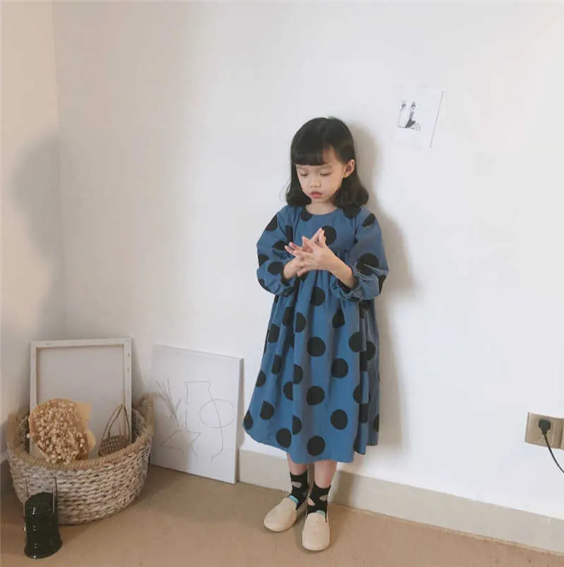 Autumn Children Girls Polka Dots Dress Korean Style Cotton Long Sleeve Princess Robe Kids Clothes Loose es 210615