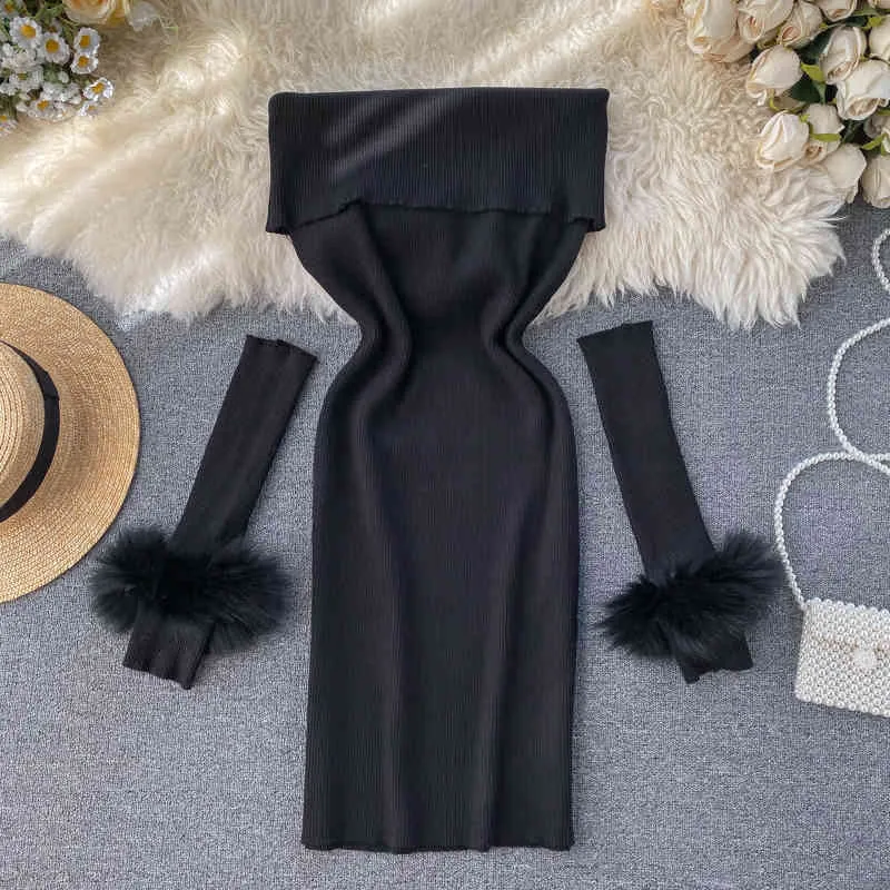 Sexy Off Shoulder Knitted Dress Women Slash Neck Elastic Slim Pencil Dress Autumn Design Plush Sleeves Sweater Dresses 210419