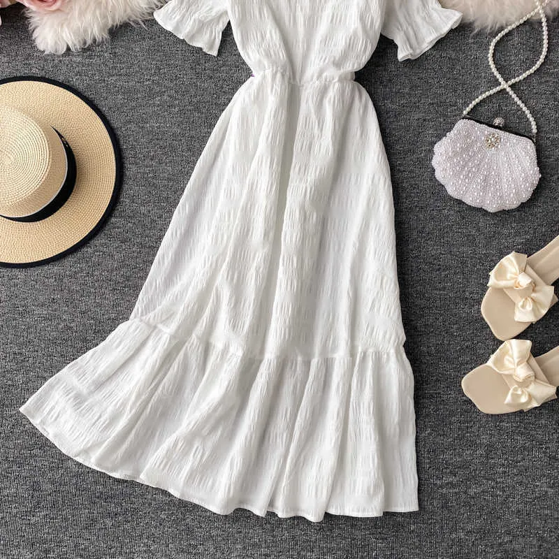 Frauen Weißes Kleid Sommer Elegante V-ausschnitt einreiher Kurze Flare Hülse Vintage Kleider Weibliche Koreanische Chic Robe Mujer 210715