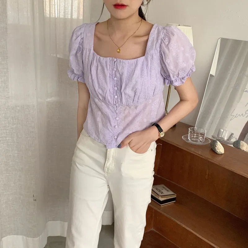 Purple Summer Girls Femme Taille haute Broderie Street Chic Chemises Manches bouffantes Casual OL Blouses 210525