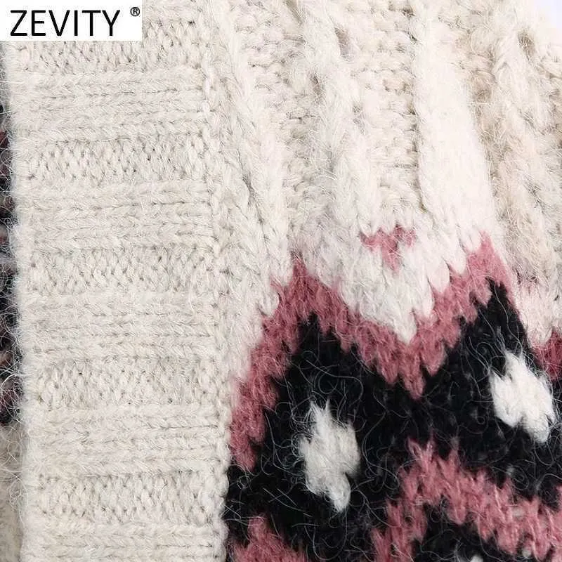 Zevity Women Vintage V Neck Flower Wzór żakardowy Kartuńskie Sweter Knitting Sweter Kobiet Chic Długi rękaw Hollow Out Tops S651 210603
