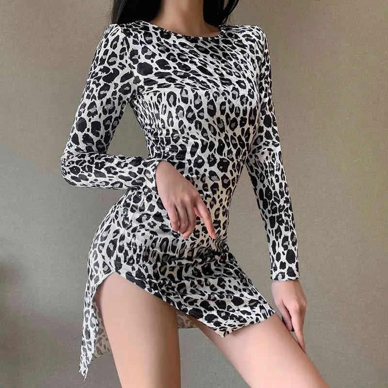 Lady Sexy Leopard Print Split Mini Dresses Kvinnor Casual Full Sleeve Round Collar Pullover Slim Streetwear Klänning Whitebrown 210517