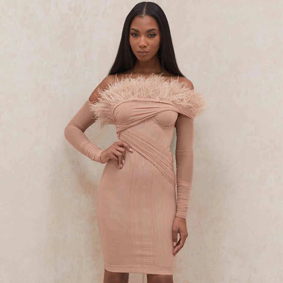 Winter Women Pink Long Sleeve Mesh Bodycon Bandage Dress Sexy Off Shoulder Feathers Celebrity Runway Party 210423