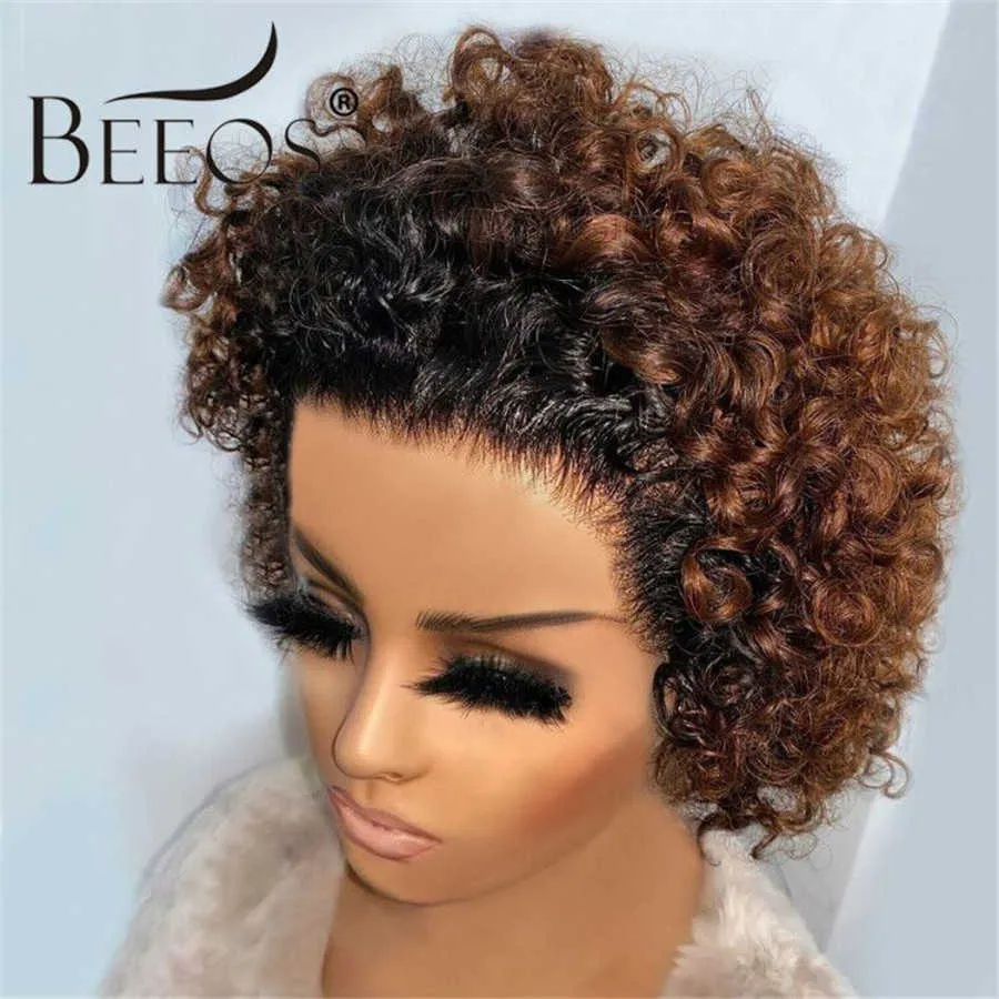 Beeos corto riccio 250 pixie taglio bob wig 132 pizzo frontale capelli umani parrucche brasiliane remy capelli umani pre -pizzichi di capelli baby s082693181594