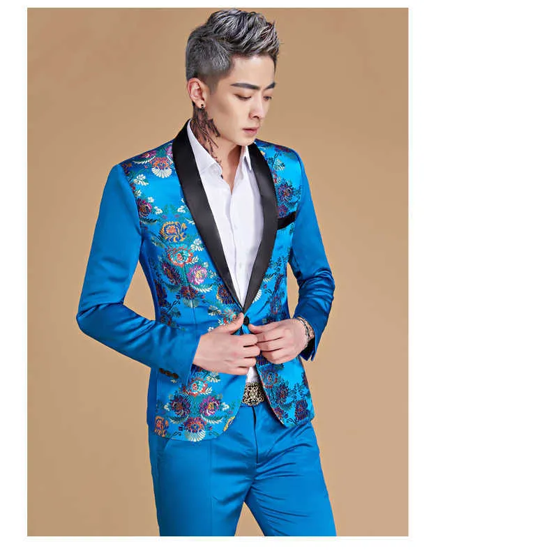 Pyjtrl Men Shawl Lapel Style Style Royal Blue Red Dragon Print Suit