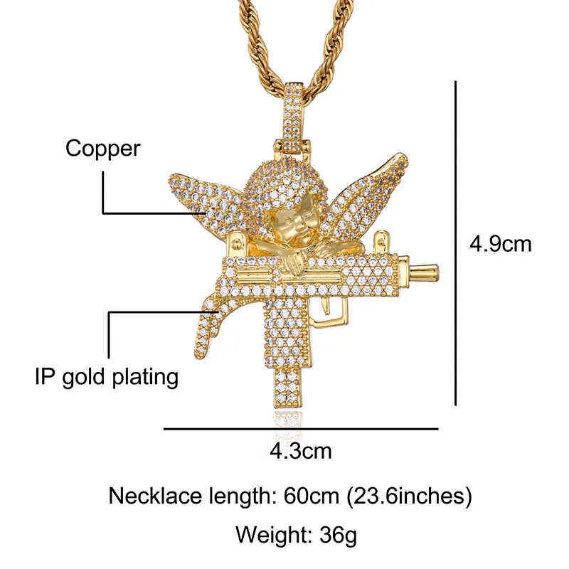 Hip Hop ange gardien Bling zircon cubique AAA CZ pierres colliers pendentifs hommes rappeur bijoux avec dos solide