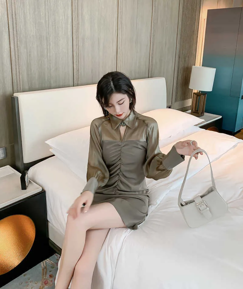 Coreano Casual mujer camisa vestido Oficina señoras elegante manga larga Patchwork Mini Vestidos primavera Mujer Vestidos 210608