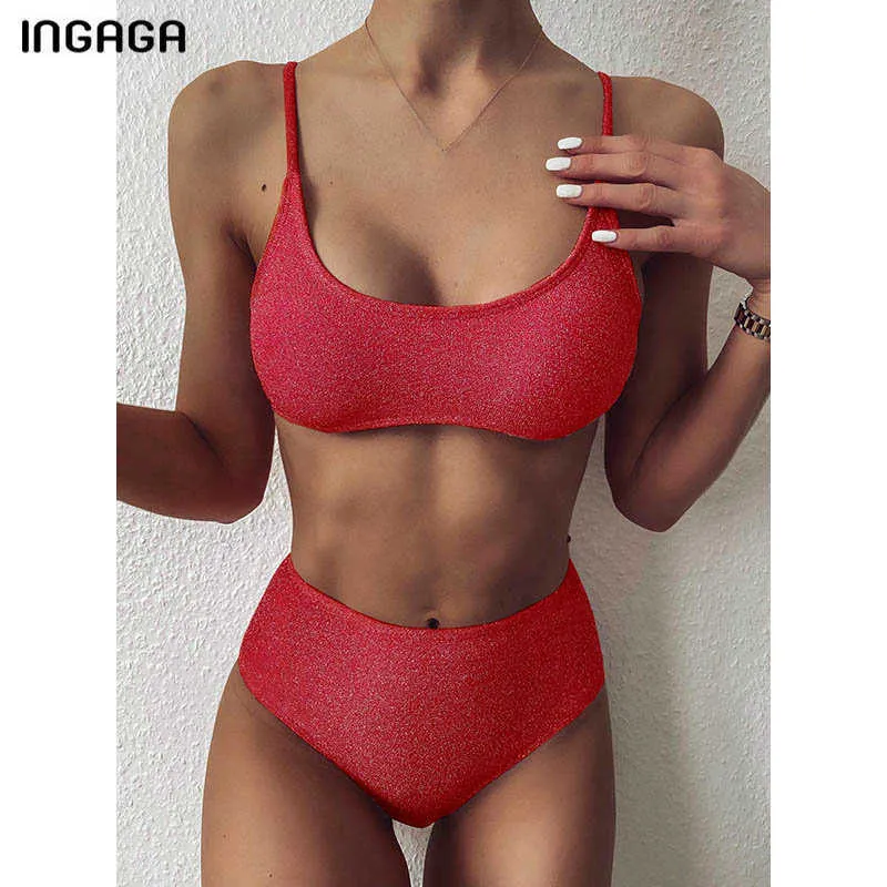 Ingaga Swimsuits Cintura Alta Biquinis Bikinis Swimwear Mulheres Pusham Ternos de Banho Glitter Sparkling Biquini Sexy Strap Bikini Set 210621