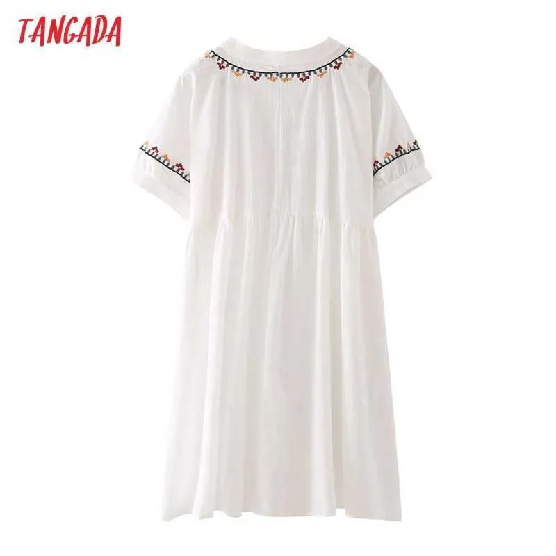 Tangada mujeres blanco bordado romántico algodón vestido de manga corta mujeres Mini Vestidos Vestidos 4T28 210609