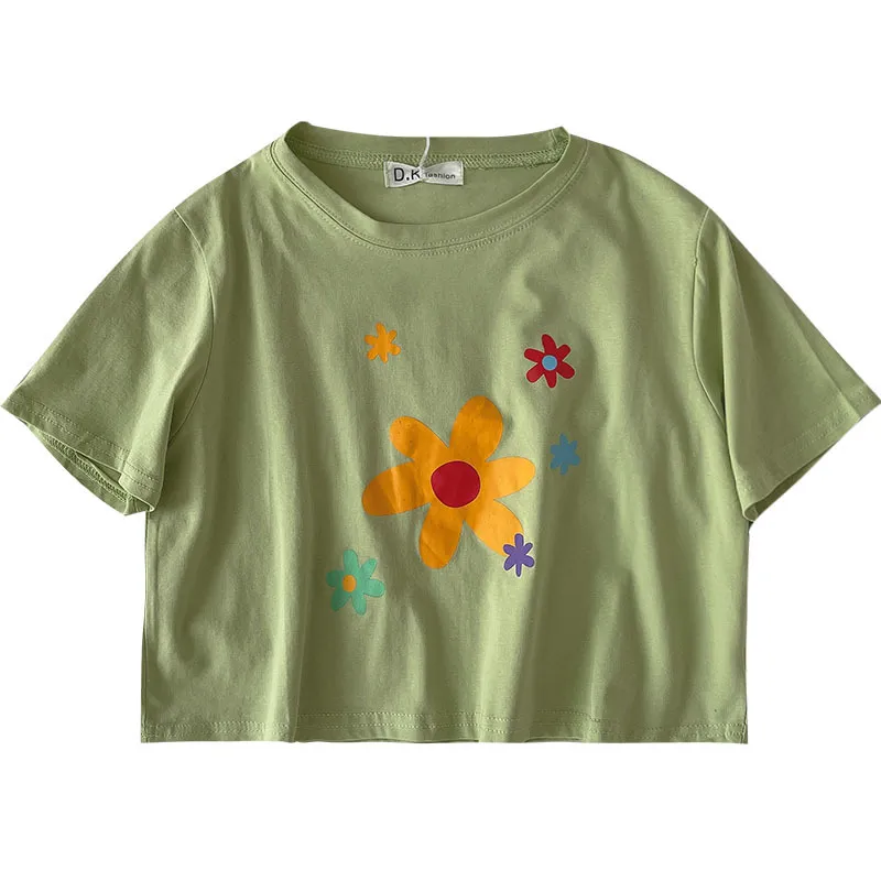 Kimutomo Chic Floral Print T-shirt Kobiety Letnia Moda Koreański Ins Styl Kobiet O-Neck Krótki Top Streetwear Casual 210521