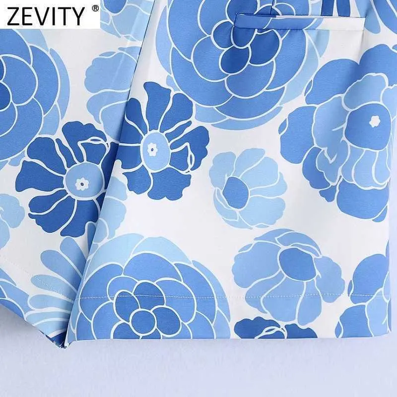 Zevity Women Blue Floral Print Plate Design Bermuda Shorts女性シックジッパーフライカジュアルスリムPantalone Cortos P1103 210719