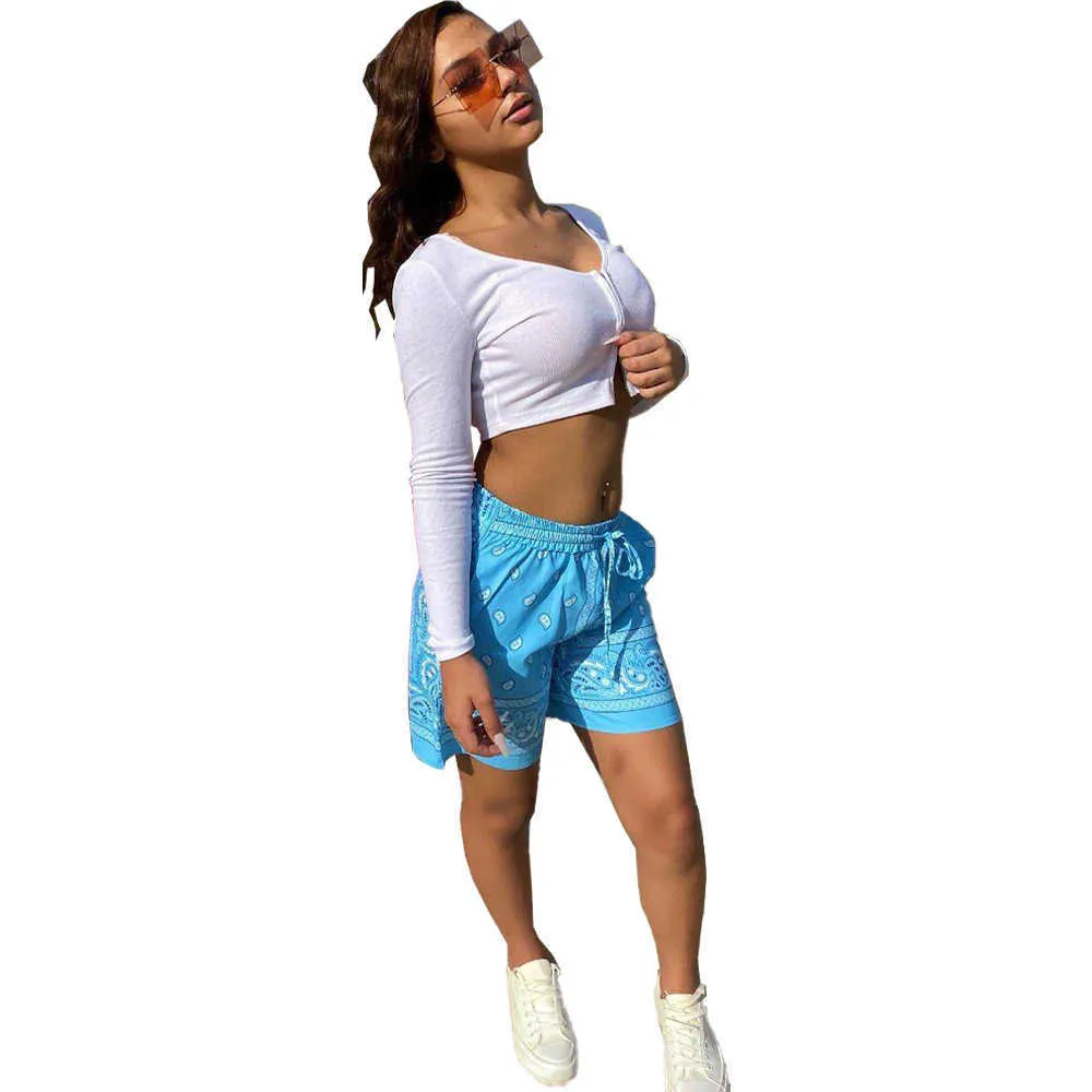 Femmes Shorts Causal Bandana Imprimer Taille haute Cordon avec poche Short d'été Sportwear Legging Outfit Streetwear Pantalon 210625