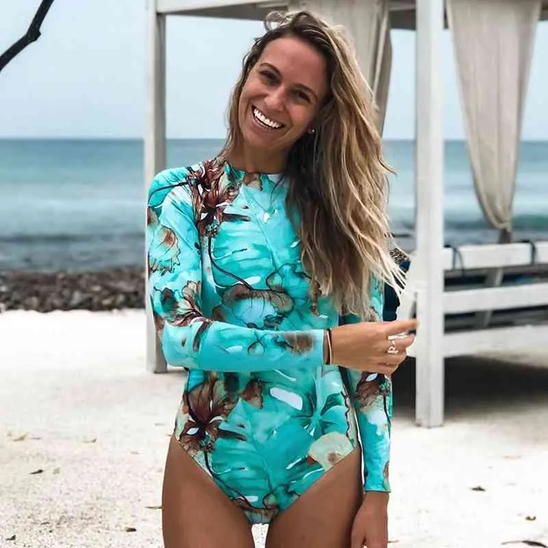 Swimwear Women Print Floral Swimsuit Long Sleeve Bathing Suit Retro Swimsuit Vintage Beach wear Surfing Swim Suit 210407