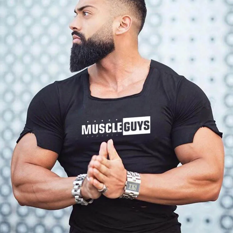 Summer Heren T-shirts Mode Korte Mouwen Fitness Bodybuilding T-shirt Mannen Workout Slim Fit Ripped Gat Cotton Tee Tops 210421