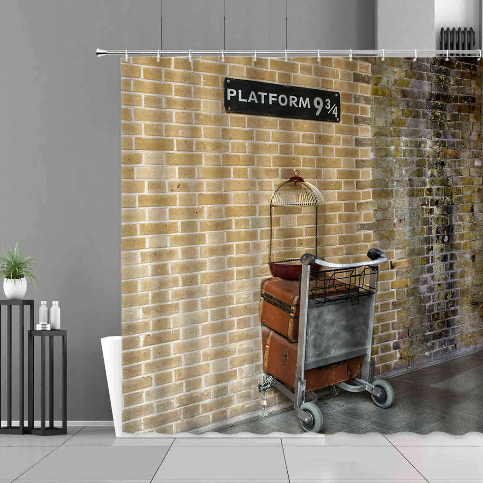Platform 9 And 3/4 Shower Curtains Secret Passage Of King's Cross Railway Station Stone Wall Brick Pattern Bathroom Curtains 211116