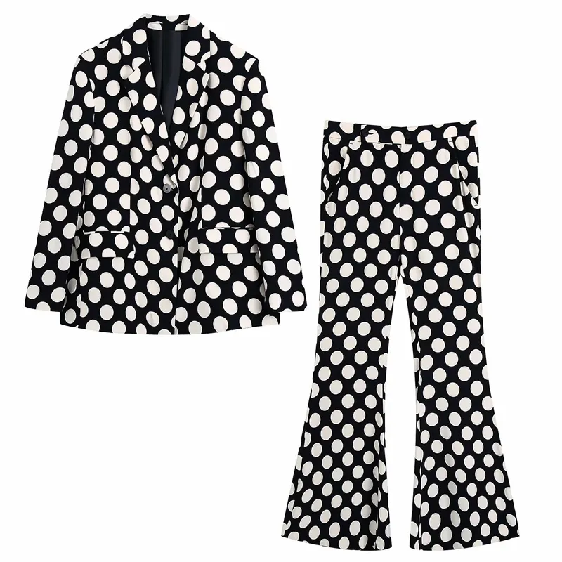 Женщина элегантная черная тонкая мягкая в горошек Blazer Suit Spring Damies High staisted Flaring брюки костюмы Streetwear 2 наборы 220315