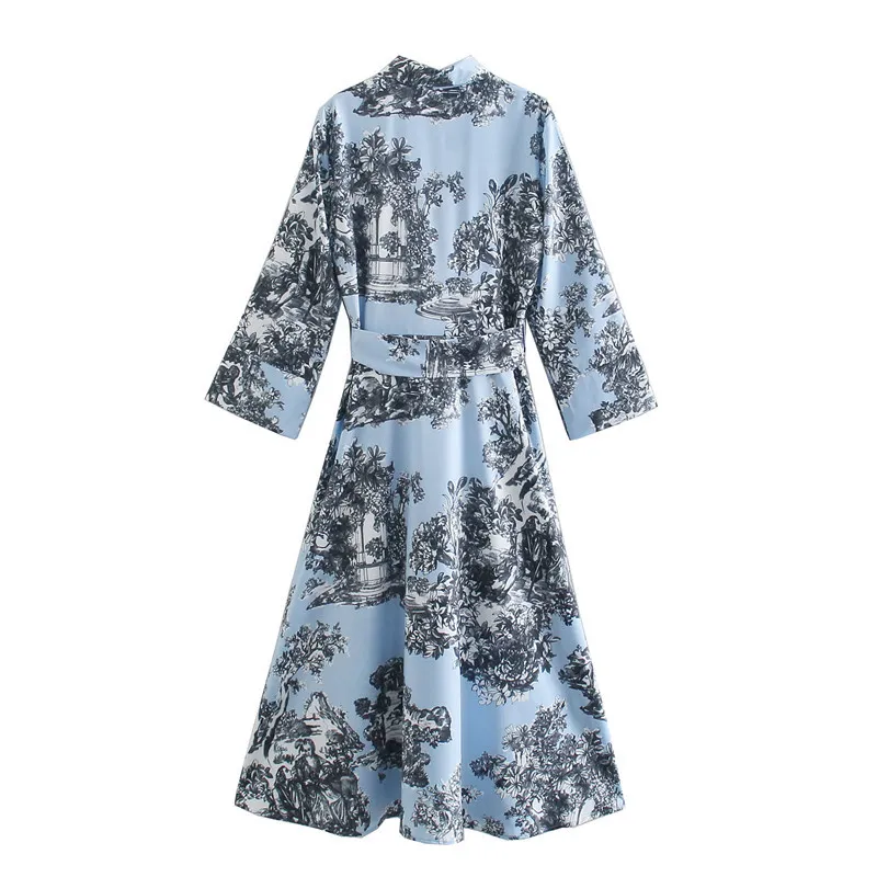 Fashion Floral Print Midi Shirt Dress Women Summer Lapel Long Sleeve Sashes Female Dresses Vestido Feminino 210430