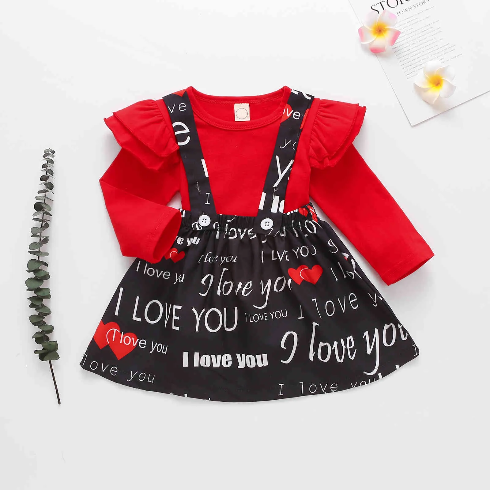 6m-4y día de San Valentín niño niño bebé niño niña ropa roja ropa ruffles manga larga camiseta amor letra falda outfit 210515