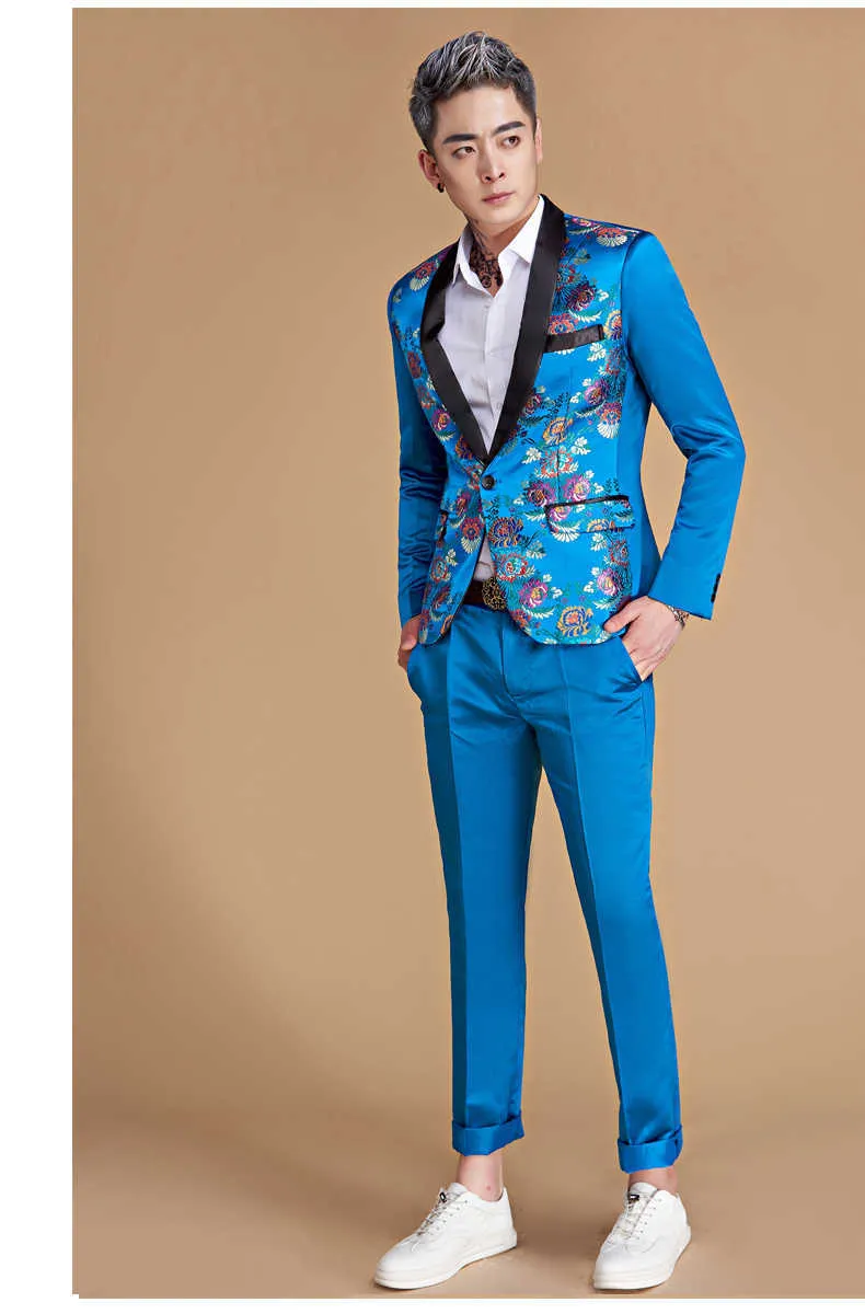 Pyjtrl Men Shawl Lapel Style Royal Blue Gold Red Dragon Print Suits最新のコートパンツデザインステージシンガーウェアコスチュームX095725583