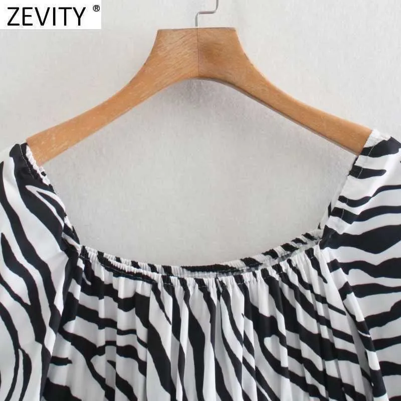 Zevity Women Vintage Zebraストライププリント短いスモックブラウス女性のプリーツ長袖サイドジッパーシャツシックBlusas Tops LS9233 210603