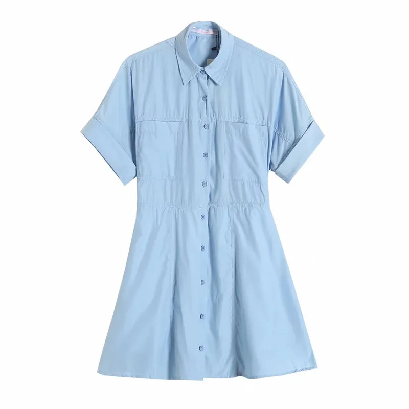 Женское платье Синяя мини-рубашка Женская летняя мода на пуговицах с коротким рукавом es Ladies Casual es 210519