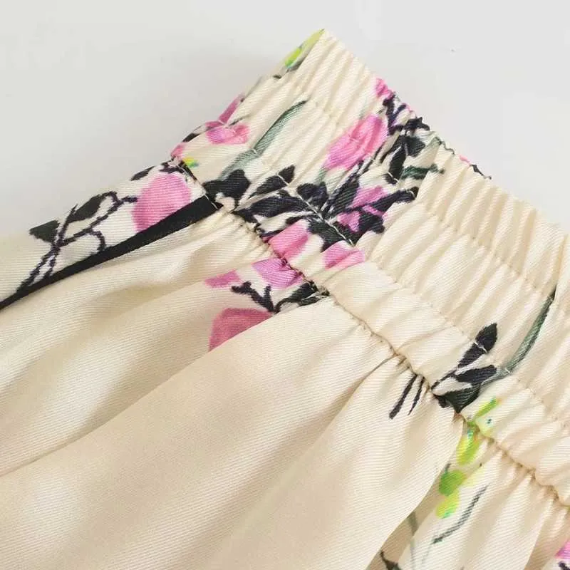 Women Floral Print Edge Piping Decoration Straight Pants Casual Lady Elastic Waist Chic Loose Trousers P2177 Q0801