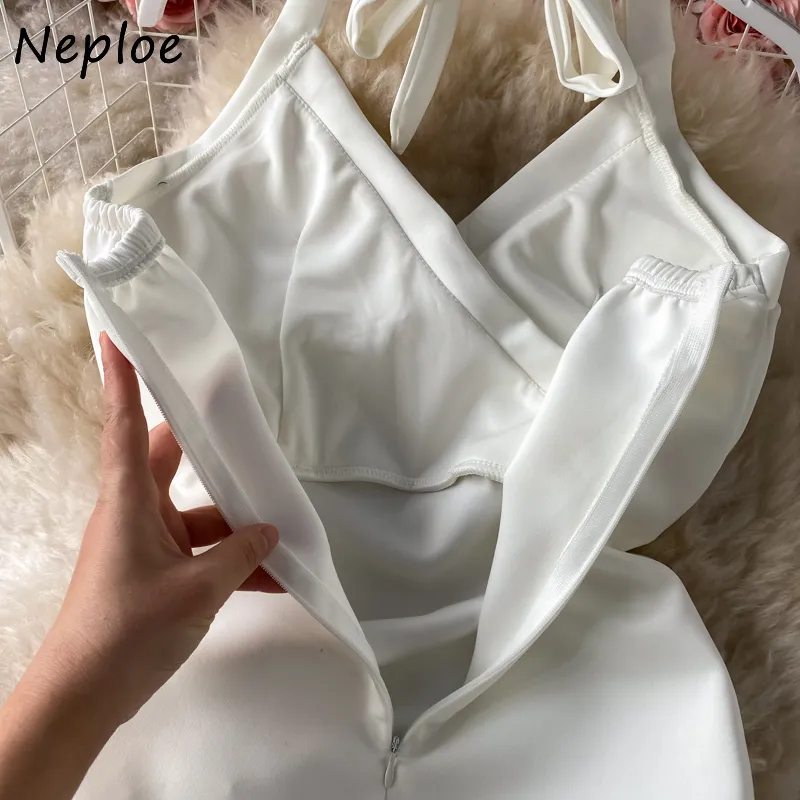 Neploe Halter Sleeveless Camis Dress Women High Waist Hip Drawstring Design A Line Vestidos Summer Temperament Robe 210510