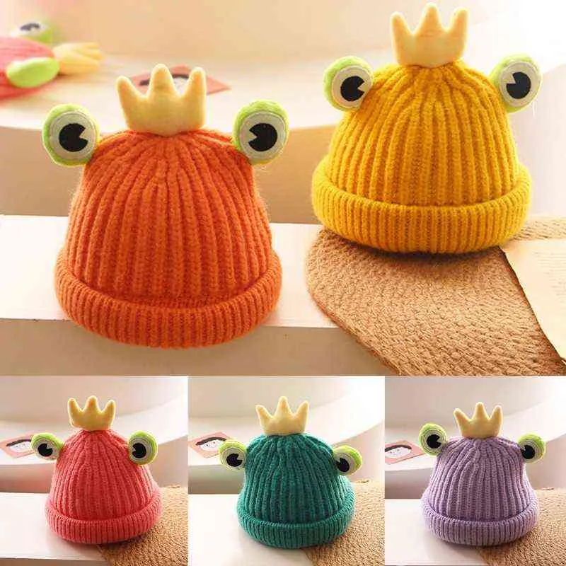 Cute Cartoon Frog Big Eyes Knitted Hat Sweet Knitted Cap Wild Personality Outdoor Trend for Children Baby Boys and Girls Y21111