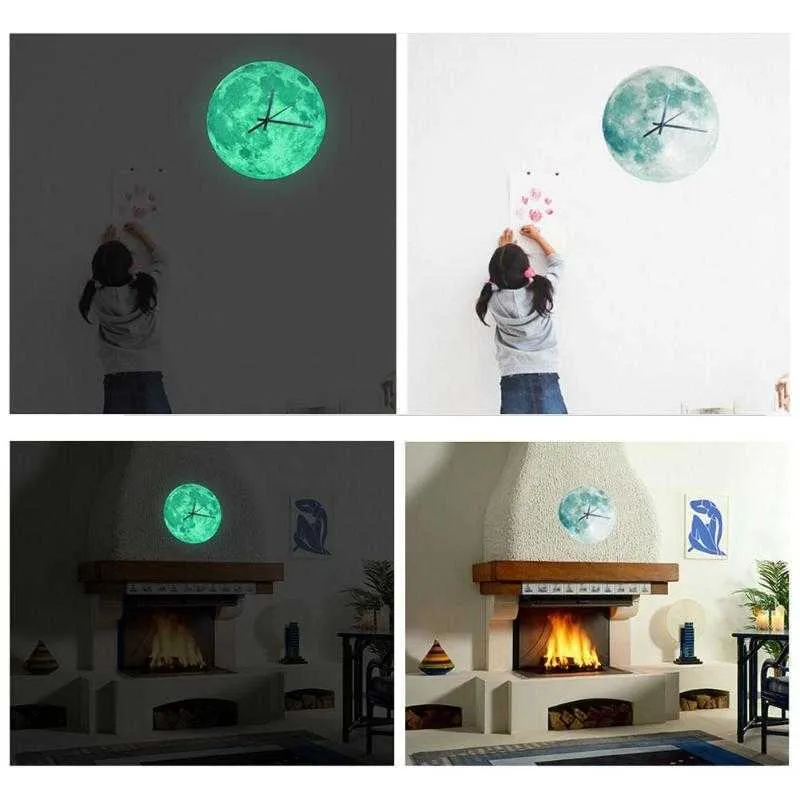 3D brilhando lua luminosa parede relógios à prova d 'água DIY Fluorescente crianças sala de estar relógio de parede de horário relógio de parede relógio adesivos de parede x0705