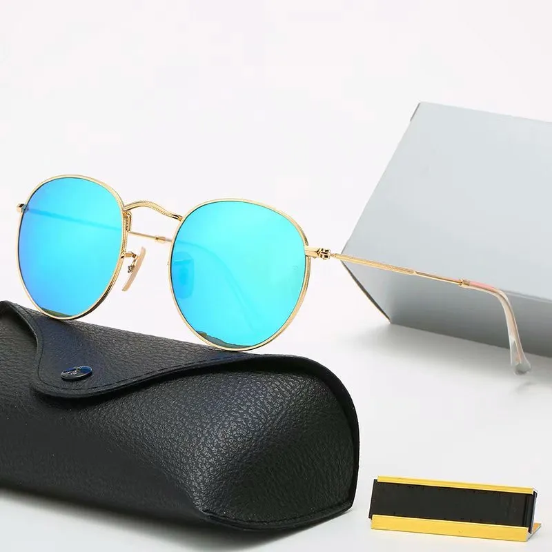 Klassiska runda solglasögon varumärkesdesign UV400 Eyewear Metal Gold Frame Sun Glasses Men Women Mirror Solglasögon Polaroid Glass Lens W2622