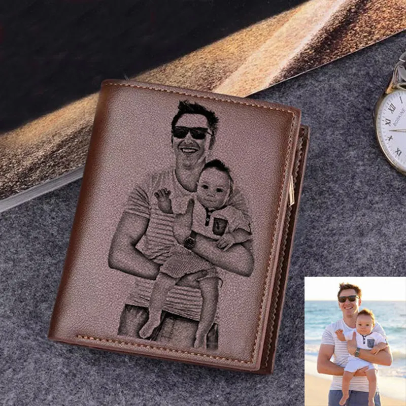 No LOGO Custom Men's Engraved Po Short PU Leather Customized Picture Engraving Text Wallet Father's Day Gift259l